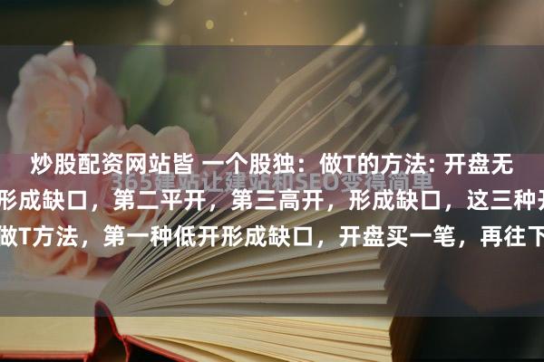 炒股配资网站皆 一个股独：做T的方法: 开盘无非三种开法，第一低开，形成缺口，第二平开，第三高开，形成缺口，这三种开法有不同的做T方法，第一种低开形成缺口，开盘买一笔，再往下跌再买一笔，反弹形成收益分批卖出...